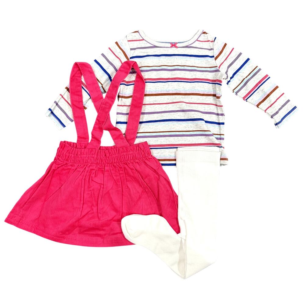 Carter's Baby Girl Striped Tee, Corduroy Jumper, & Tights Set in Pink, Size 12M - Picture 2 of 4